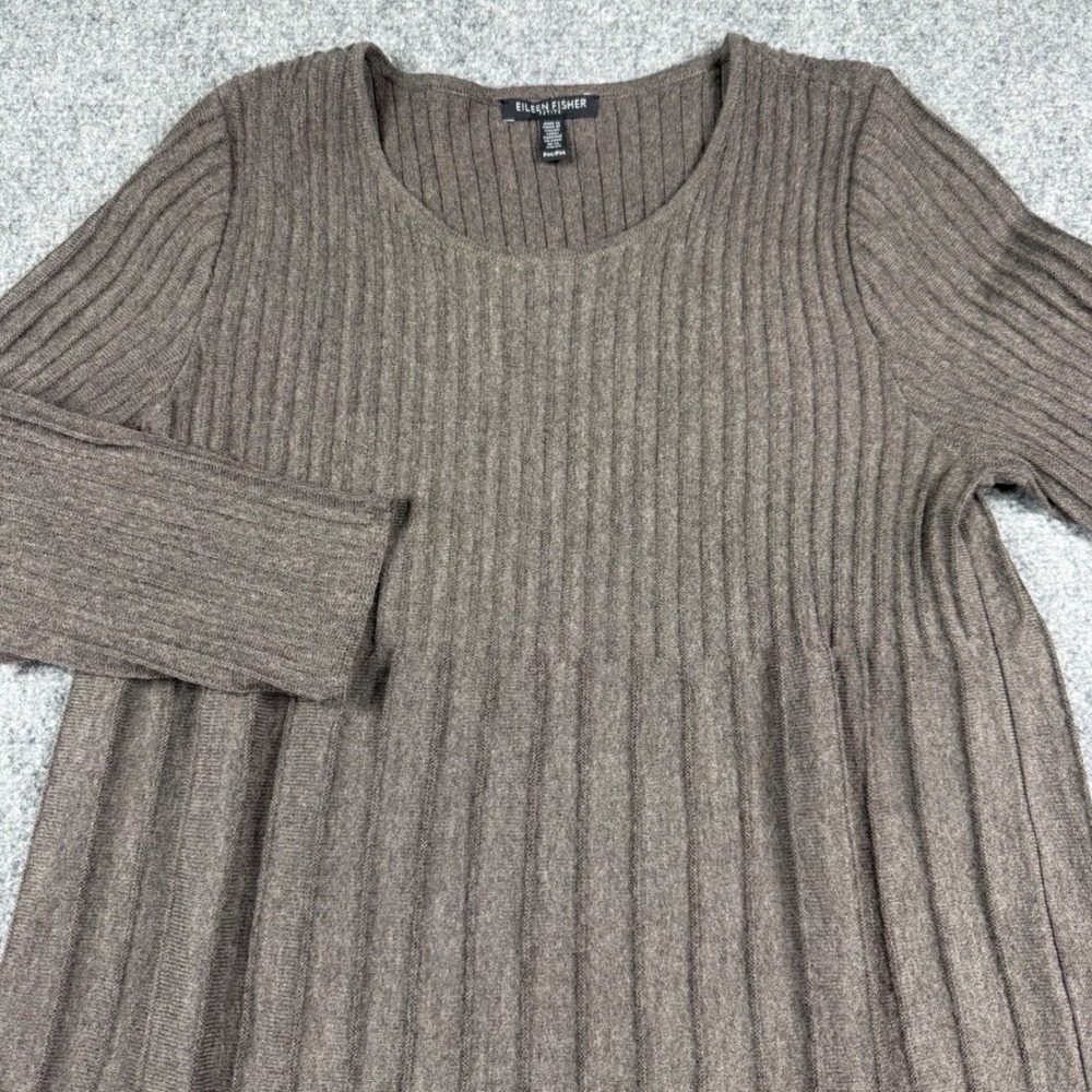 Eileen Fisher Wool Sweater Dress Women Petite Medium Brown Ribbed Knit A-Line